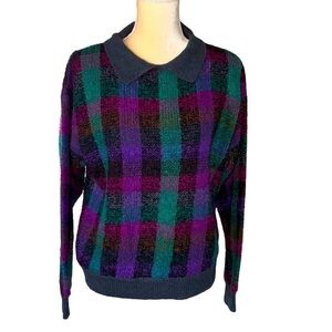 Vintage Country Suburbans Acrylic Checkerboard/Striped Sweater Purple Gray Green